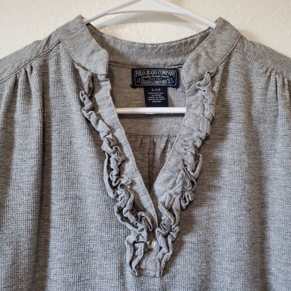 Polo Jeans Co Thermal Top Womens S Gray Waffle Knit Ruffle Notch Slit 
 Neck LS - Picture 3 of 8